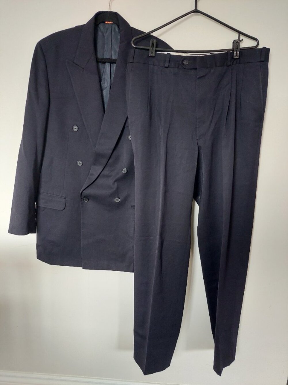 Moore's Gabardine Double Breasted Pure Wool Pants Blazer Suit Set 44L 36W Black